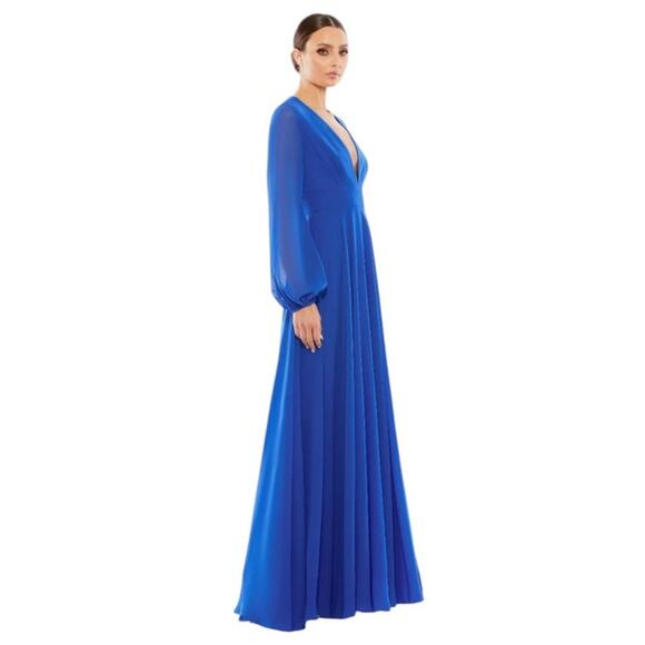 Mac Duggal NWT Size 10 55682 Royal Blue V-Neck Illusion Long Sleeve Chiffon Gown - Picture 9 of 10